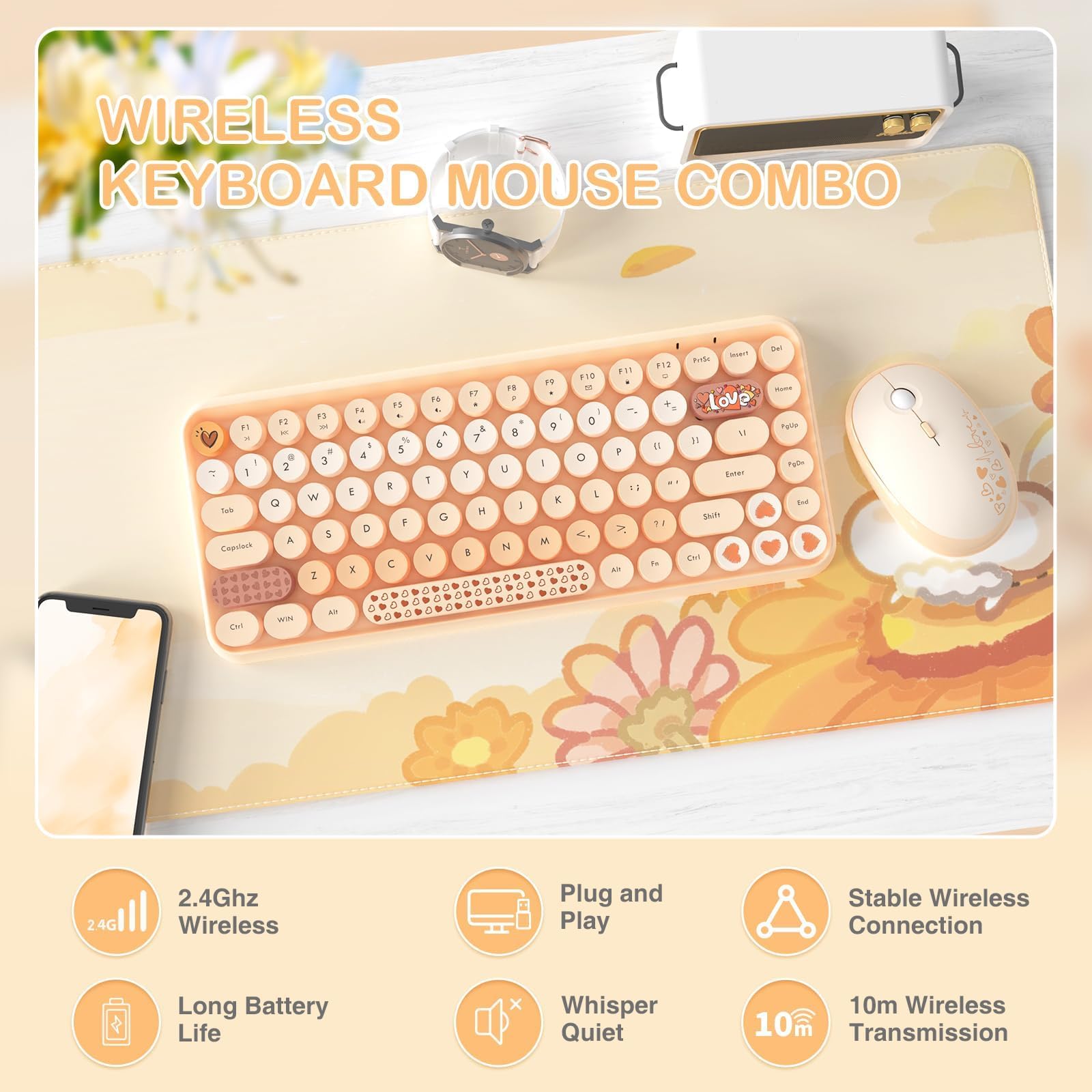 AJAZZ Draadloos Toetsenbord En Muis Set Retro Typemachine - 84 Toetsen Gradient Roze