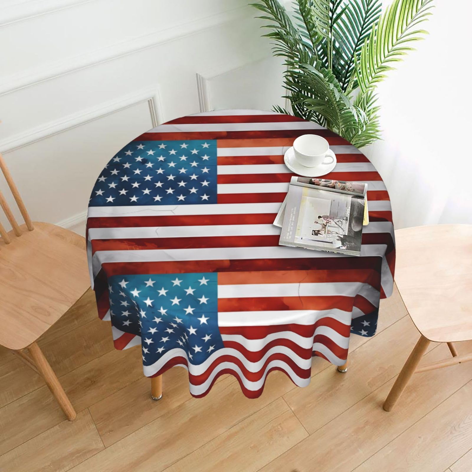 YYHHAOFA Vintage American USA Flag Prints 60in Round Decorative Tablecloth – High-Grade Polyester Throw Cover for Dining, Parties, and Outdoor Events
