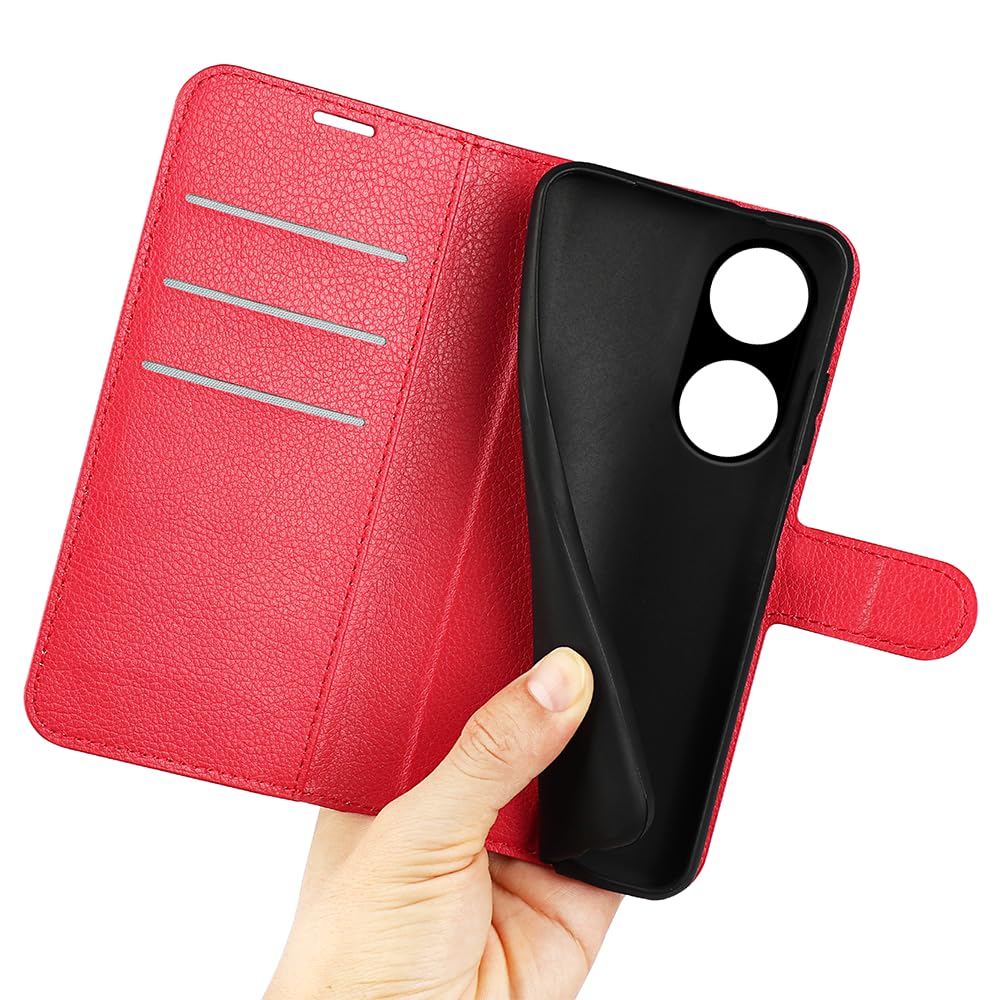 Custodia Portafoglio In Pelle Rossa Per OPPO A98 5G, Cover A Libro Con Chiusura Magnetica E Slot Per Carte - 3