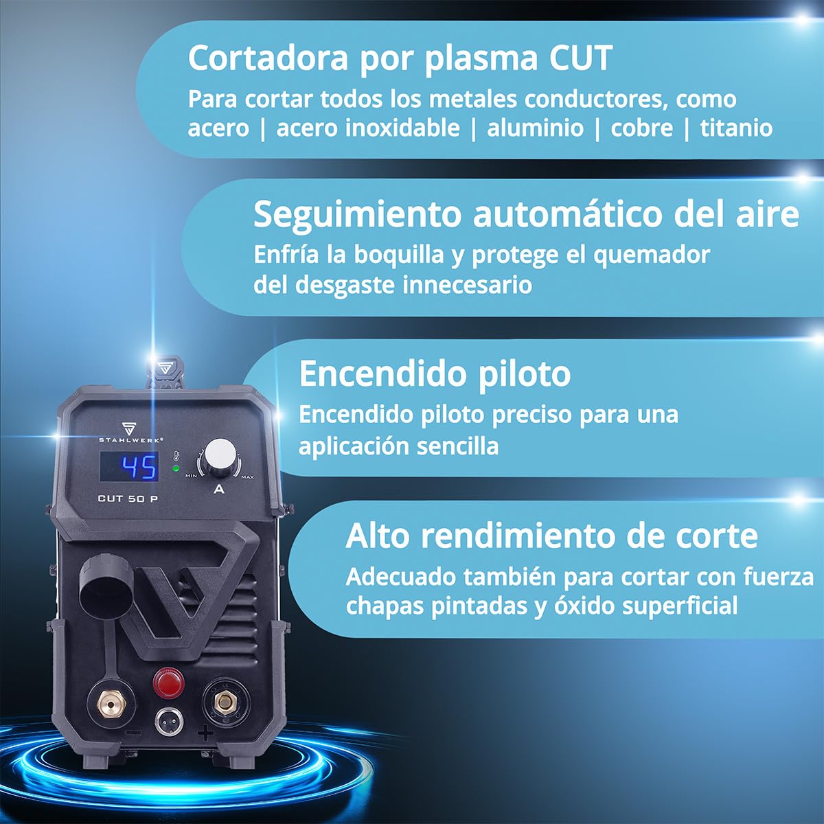 STAHLWERK Cortador de plasma CUT 50 P – 15-45 A, capacidad de corte hasta 15 mm, Plasma Cutter con encendido HF Pilot, refrigeración inteligente, fácil manejo con muchos accesorios