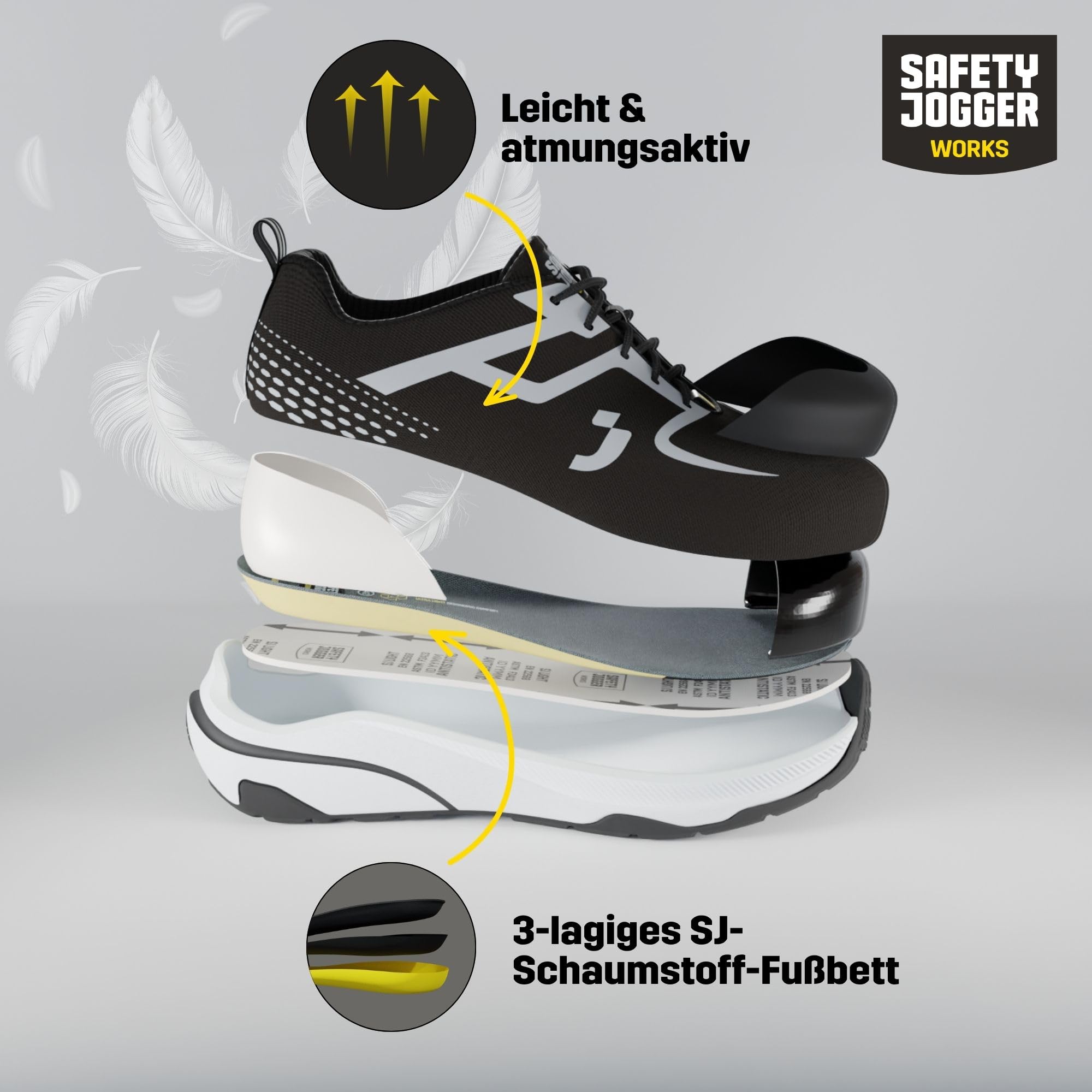 SAFETY JOGGER - Freedom S1PS TLS - Leichte Sicherheitsschuhe - Schwarz | Atmungsaktive und Bequeme Arbeitsschuhe Herren und Damen mit breiter Kunststoffkappe, Drehverschluss, ESD und Barfuß Design