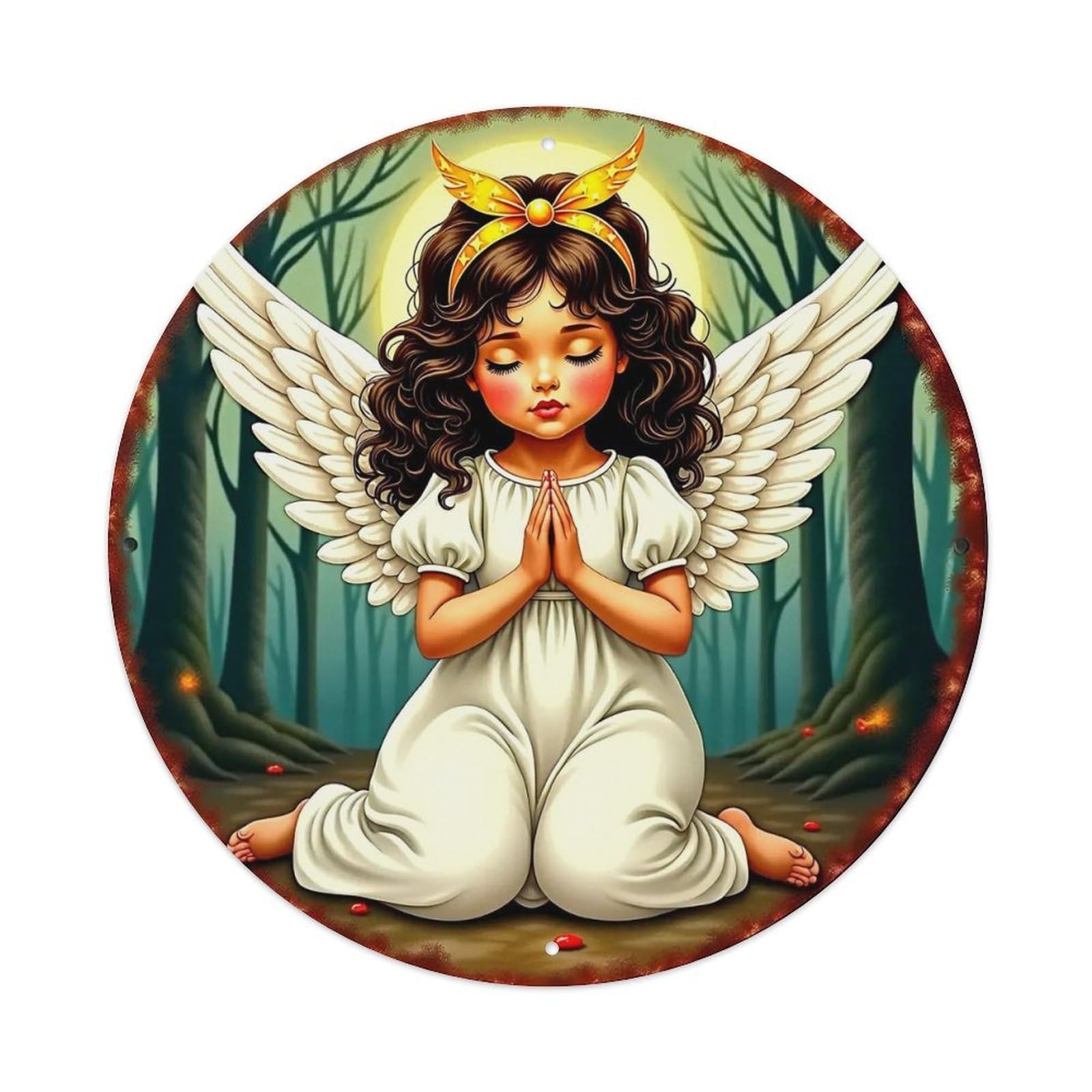 Angel In Forest Prayer Scene Round Tin Sign Vintage Metal Sign Home Bar Garden Indoor & Outdoor Wall Decor Retro Metal Poster 8x8 Inch