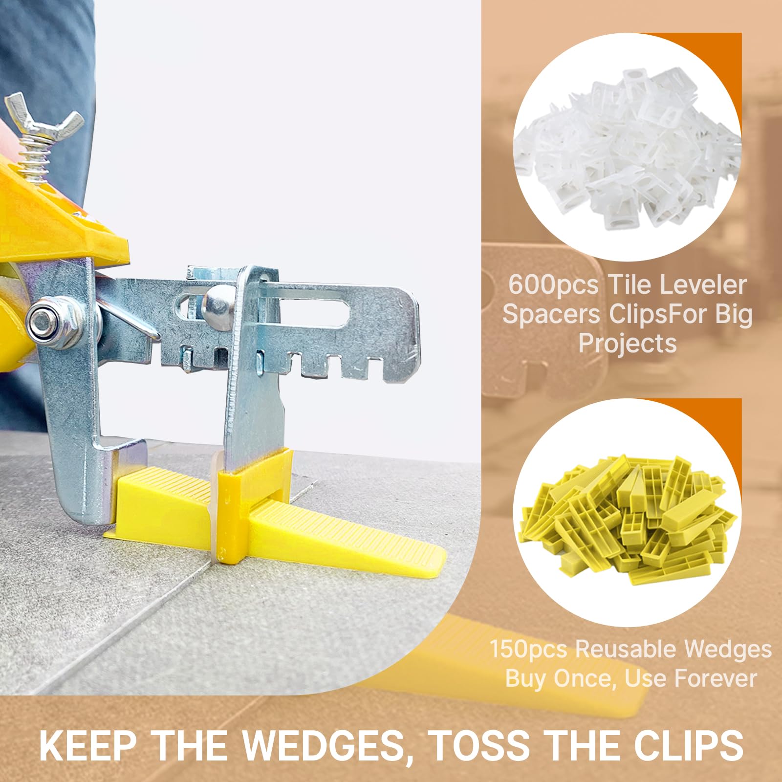 Kit de sistema de nivelación de azulejos, 600 clips espaciadores niveladores de azulejos + 150 cuñas reutilizables + 1 alicates de azulejos para ajuste de azulejos de pared/suelo, sistema de