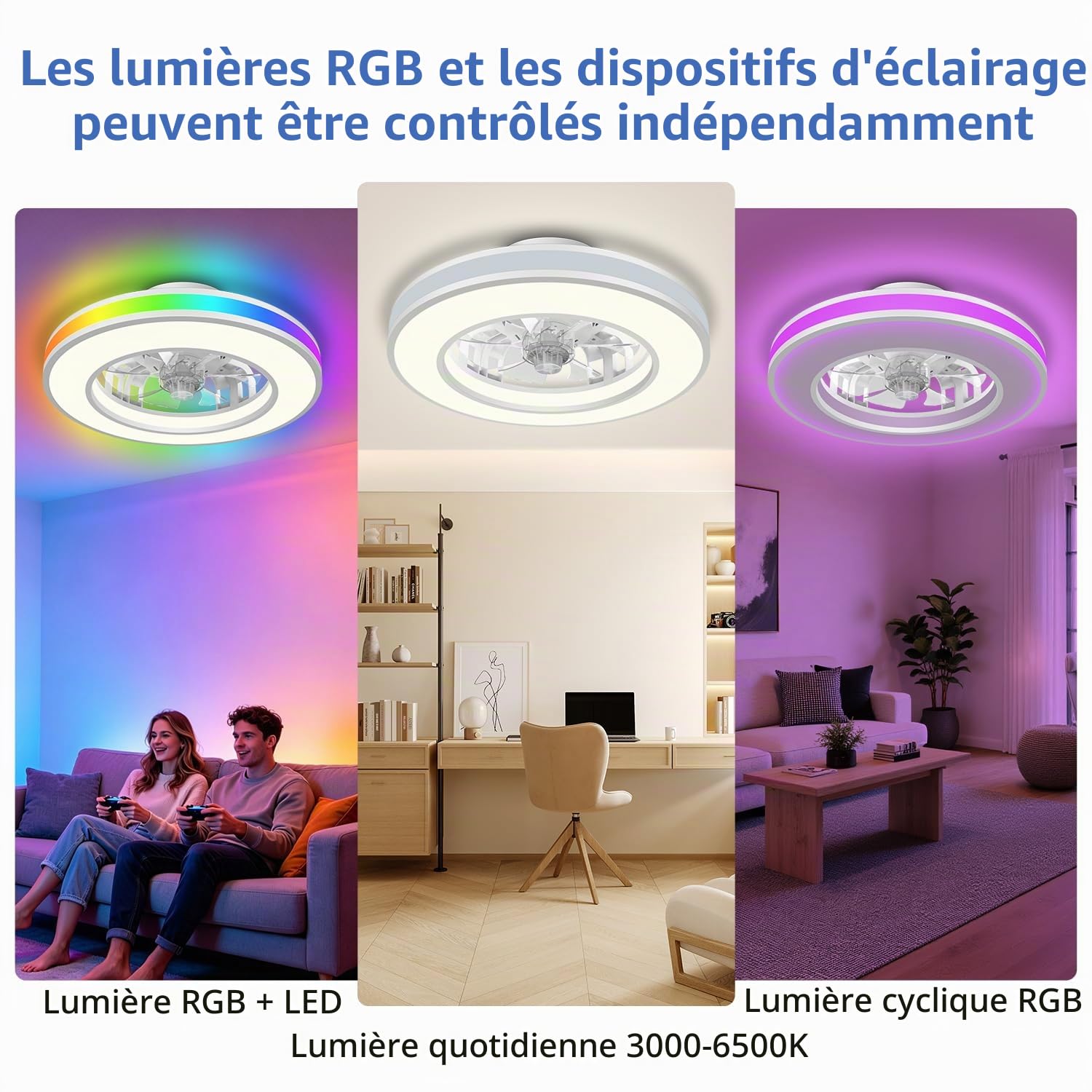 Bowfar Ventilateur Plafond avec Lumiere Ø42cm, 3000K-6500K+RGB Plafonnier Ventilateur Silencieux Chambre, 6 Vitesses de Ventilation Réglables avec Télécommande, Minuterie, Ventilateur Réversible