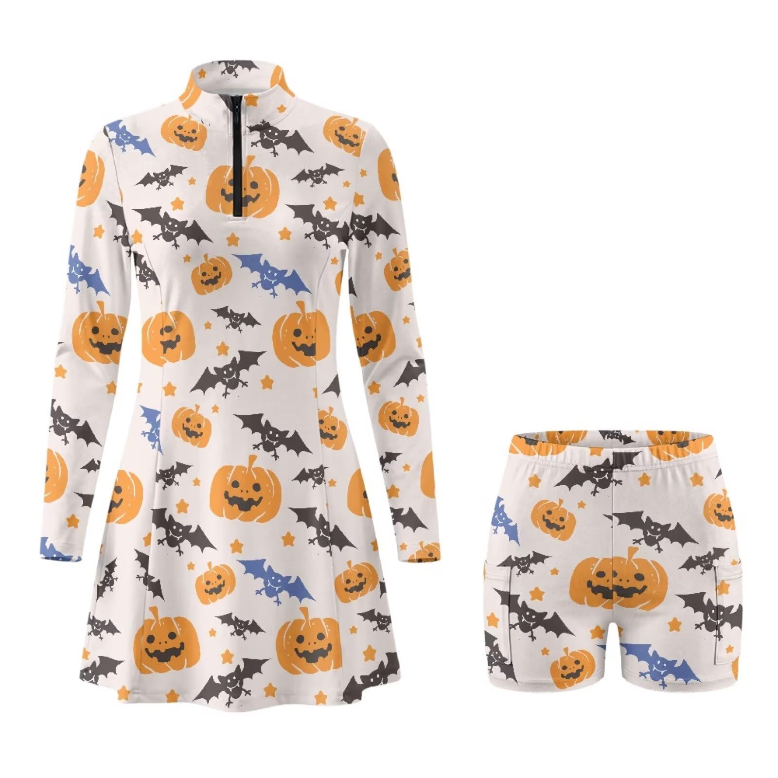 Xoenoiee Sukienka golfowa dla kobiet z szortami i kieszeniami, zamek błyskawiczny 1/4 z długim rękawem, mini sukienka tenisowa, sukienka sportowa, S-2XL