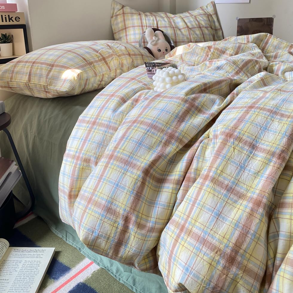 Image of EAVD Vintage Style Buffalo Plaid Duvet Cover Twin Size 3 Pieces Grid Plaid Bedding Set Soft 100% Washed Cotton Aesthetic Gingham Duvet Cover with 2 Pillowcases Colorful Grid Checkered Bedding Set