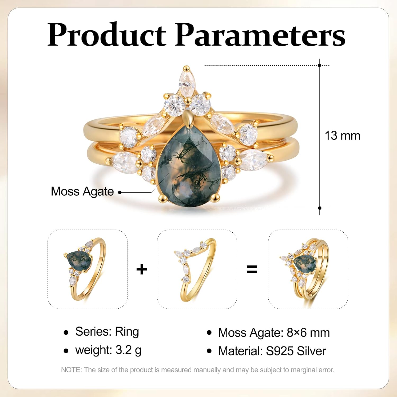 Nameinhea Moss Agate Ring,925 Sterling Silver Moss Agate Engagement Ring for Women Gemstone Ring Set for Wedding Promise Rings for Her,Size 4-11 Available