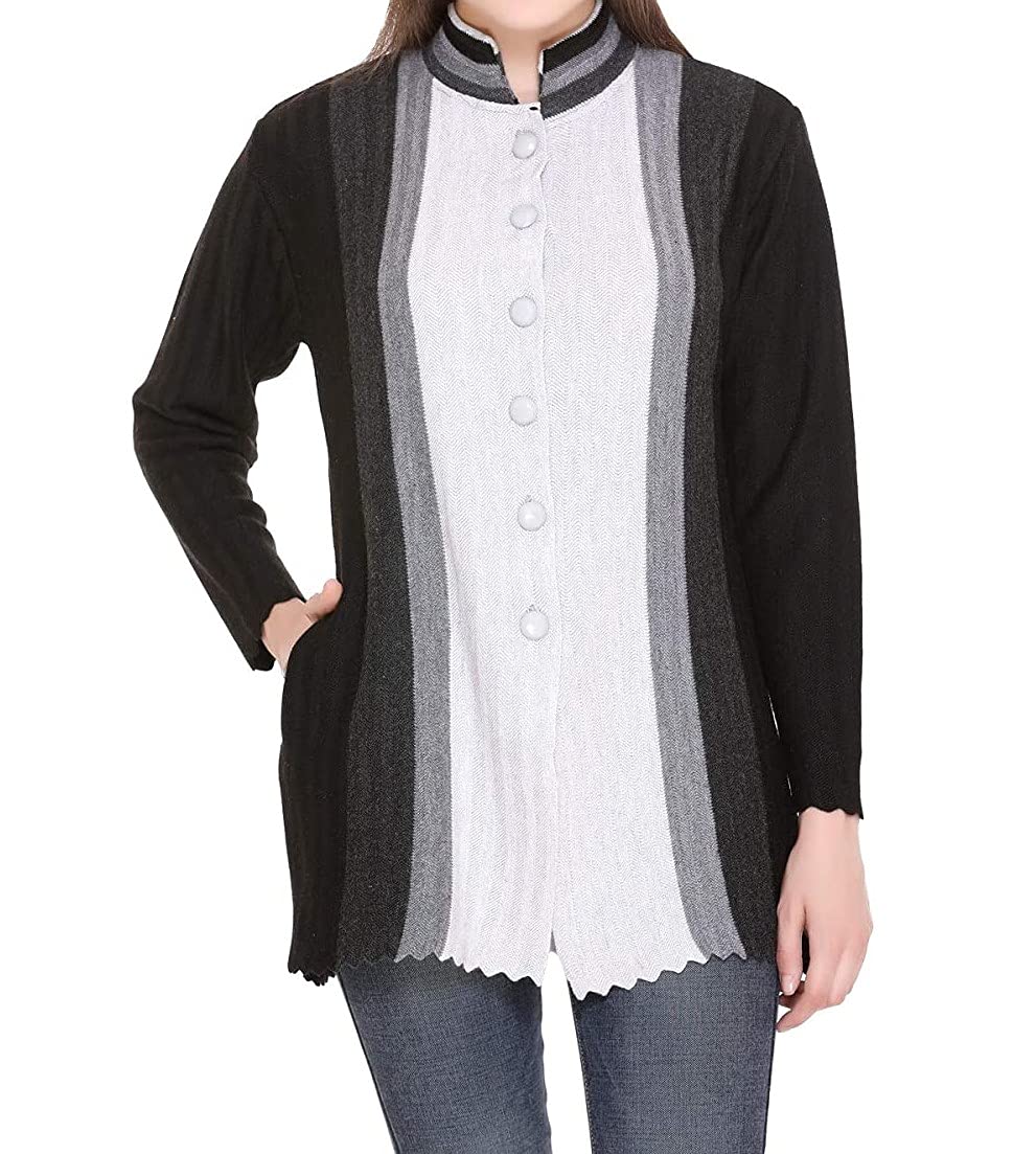 Women's Woolen Band Neck Cardigan - Printed Heavy Front Multicolor Daffodil Fabric Winter Wear Pure Wool Cardigan for Women - Free Size Long Cotty-image-48