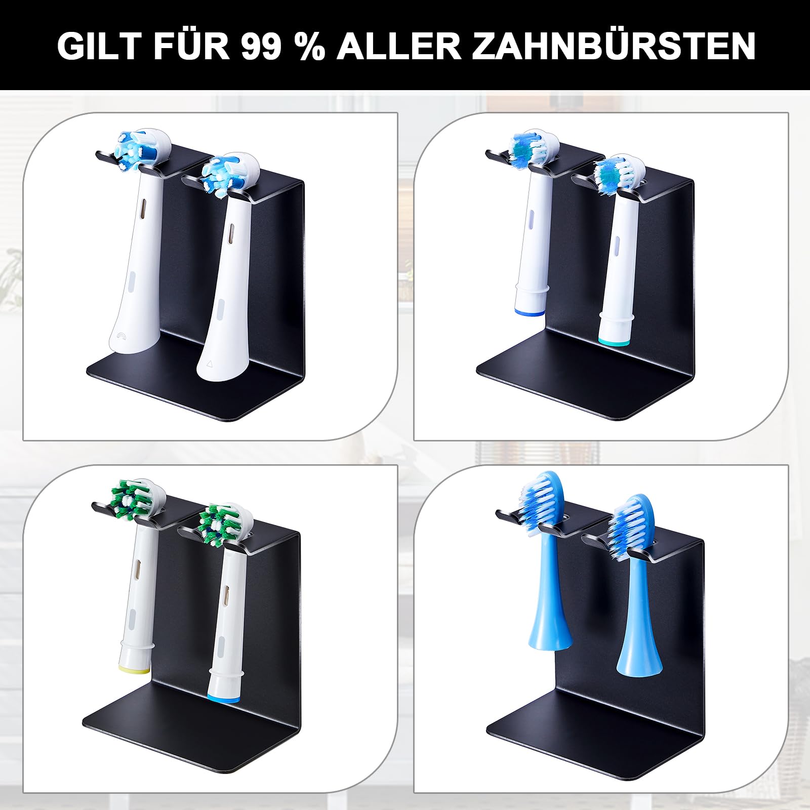 Zahnbürstenhalter, Halterung Elektrische Zahnbürste, Stehender oder Wandhalterung Zahnbürsten Halter, Zahnbürstenkopf halters, Aufsteckbürsten Halter Wand Ohne Bohren (Schwarz, Klein)