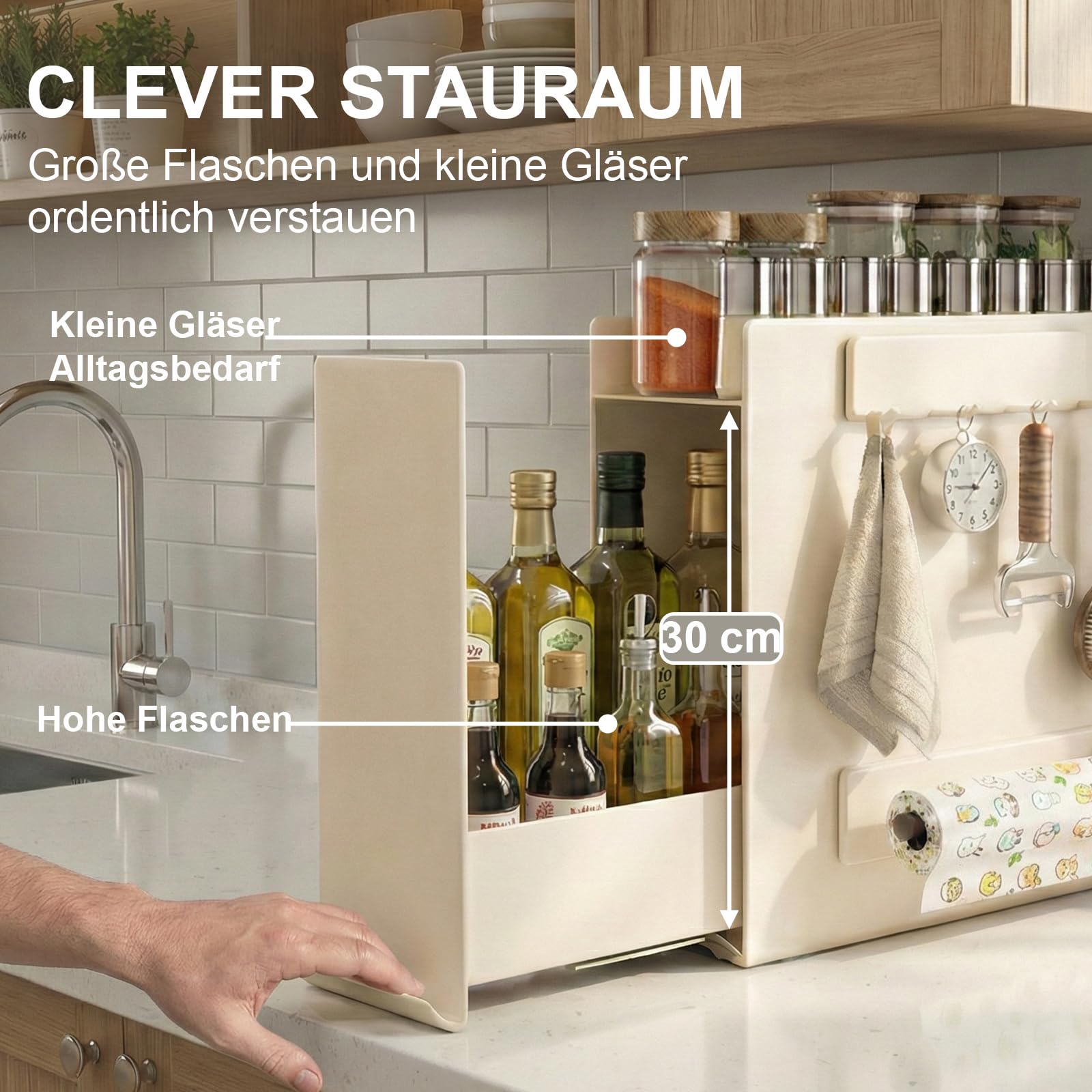 Gewürzregal Ausziehbar, 2 Etagen Gewürzregal mit Schublade ohne Bohren, Gewürz Organizer Küche für Arbeitsplatte und Schrank, Ölflaschen Organizer mit Küchenrollenhalter und 4 Haken