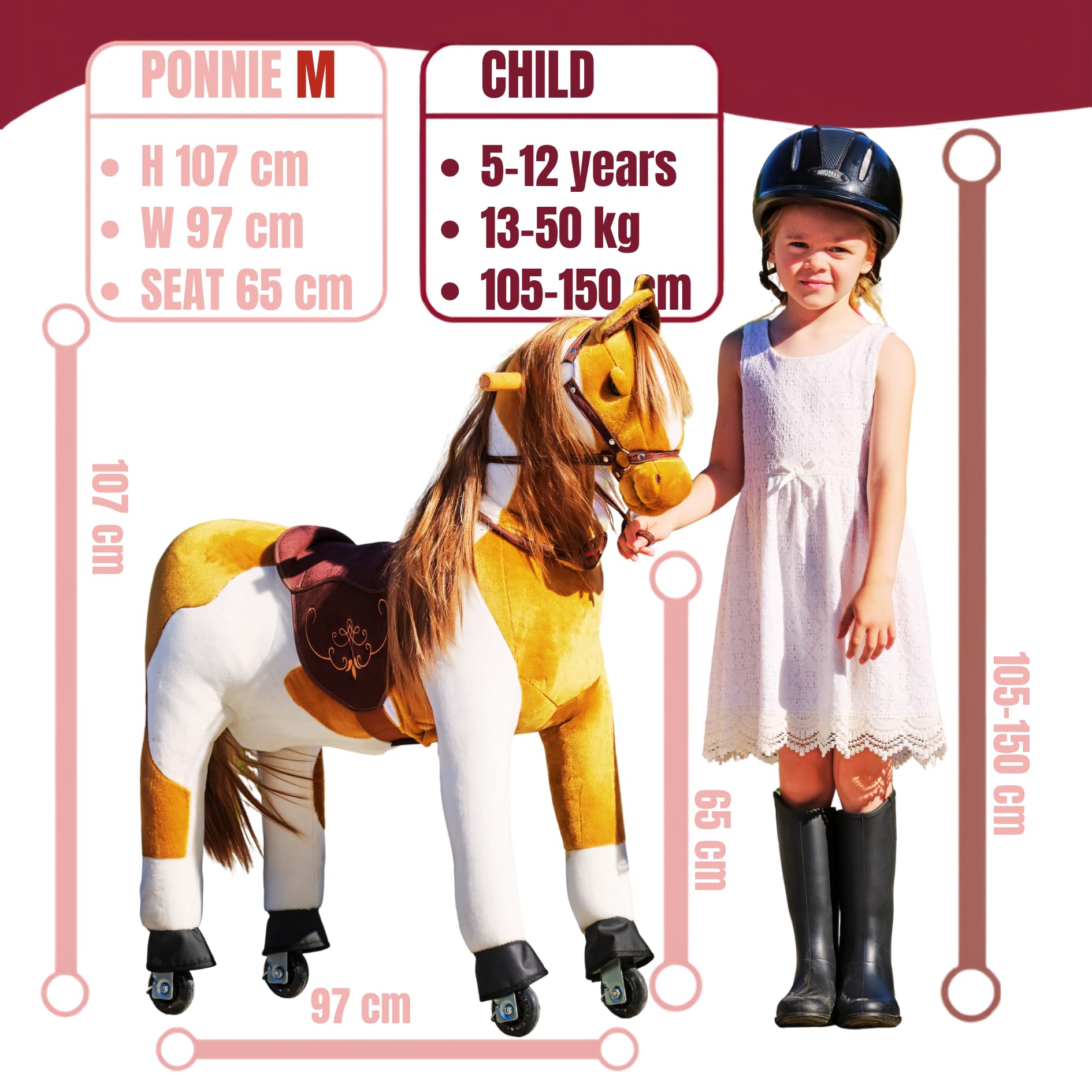 PONNIE Reitpferd mit Rollen Misty M (5-12 Jahre), Spielpferd zum Reiten mit Abnehmbarer Braun Sattel und Halfter mit Zaumzeug, Kämmbare Mähne und Schwanz, Plüschpferd zum Reiten für Kinder