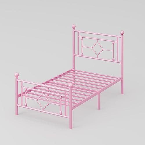 Miniatura 83 de HOOMIC Base de cama de plataforma metálica de tamaño individual de 14 pulgadas con estilo victoriano vintage, cabecera y estribo de hierro