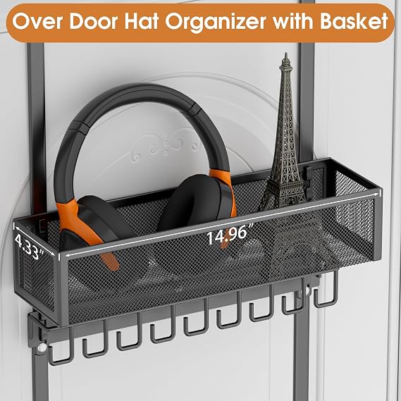 3 Tier Over Door Hat Rack with Basket - Hat Organizer Holder for Baseball Cap with 18 Hooks and 10 Movable Clips,Hat Hanger Storage Holds up to 28+ Caps for Door, Bedroom, Closet (Black)