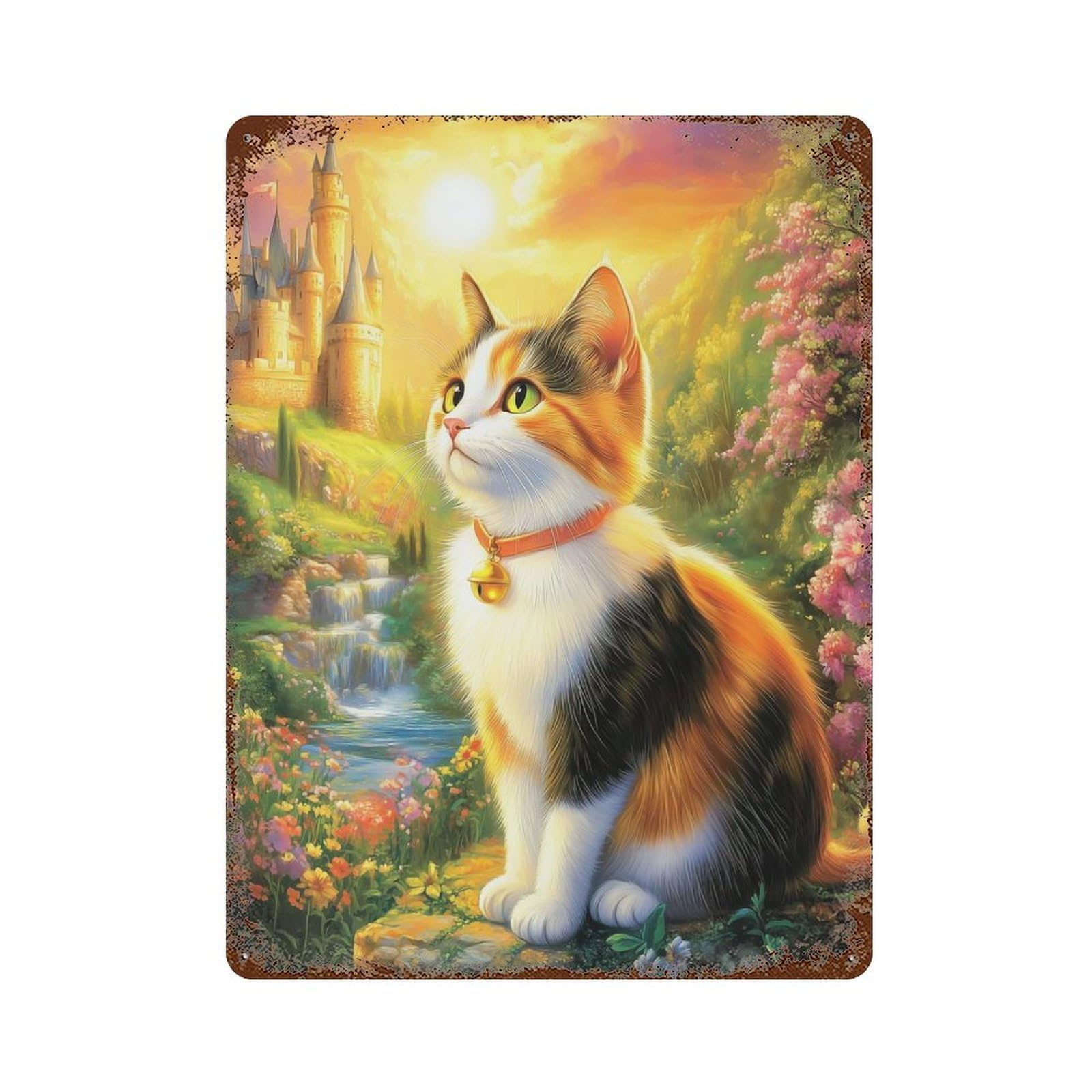 Rustic Tin Plaque Calico Cat in A Fantasy World 15.7"x11.8", Vintage Wall Decor for Pub, Kitchen And Man Cave Decor