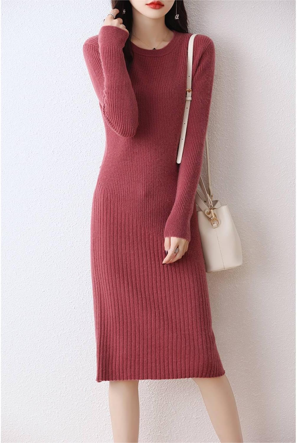 Merino Wool Sweater Dress Women's O-Neck Long Sleeved Knitted Pullover Crewneck Slim Fit Autumn Winter Tops - Image 3