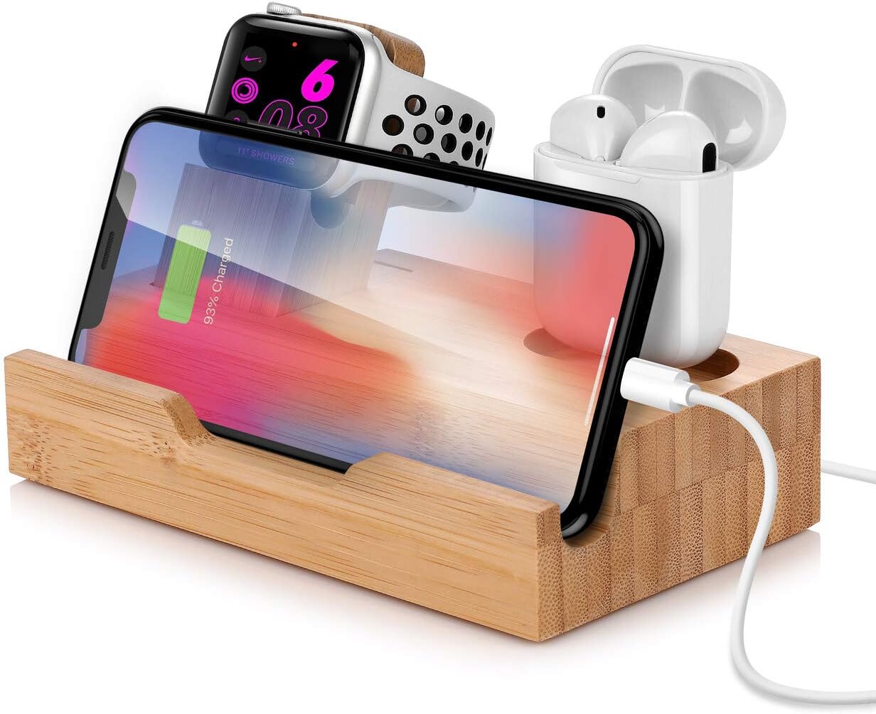 USB Charging Station for Apple Products,15 W Fast Charger Bamboo Dock Organizer Compatible with iPhone 11 Pro Max / 11 / XS / 8,Charging Stand Replacement for Apple Watch Series 4/3/2/1 and AirPods