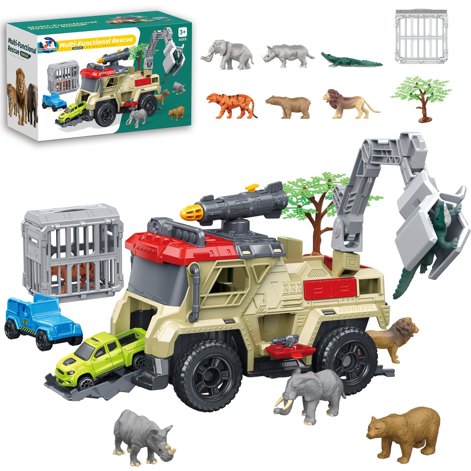 Frontoytall Safari Animal Toys Rescue Truck for Kids, Animal Transport Lorry with Cage & 360° Rotating Crane, Wildlife Figures Playset with Lion Elephant Tiger, Gift for Boys Girls Age 3+
