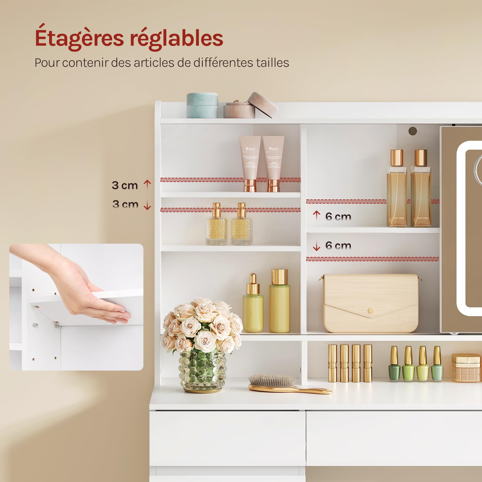 WOLTU Coiffeuse avec Miroir LED Coulissant et Multiprise, Luminosité Réglable, Grande Coiffeuse avec 9 Tiroirs, 11 Étagères, 1 Casier à Bijoux, Meuble Moderne pour Chambre, en Bois, Blanc