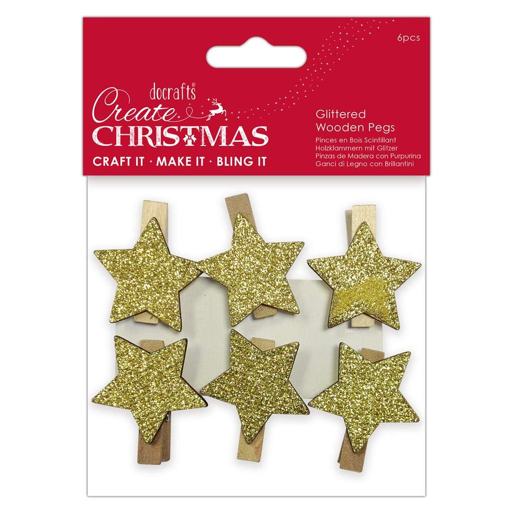 Create Christmas Glittered Wooden Pegs, Star, Gold, Pack of 6, Craft Supplies for Home Christmas Craft and Craft Projects, Ideal for Festive Crafts for Kids and Adults