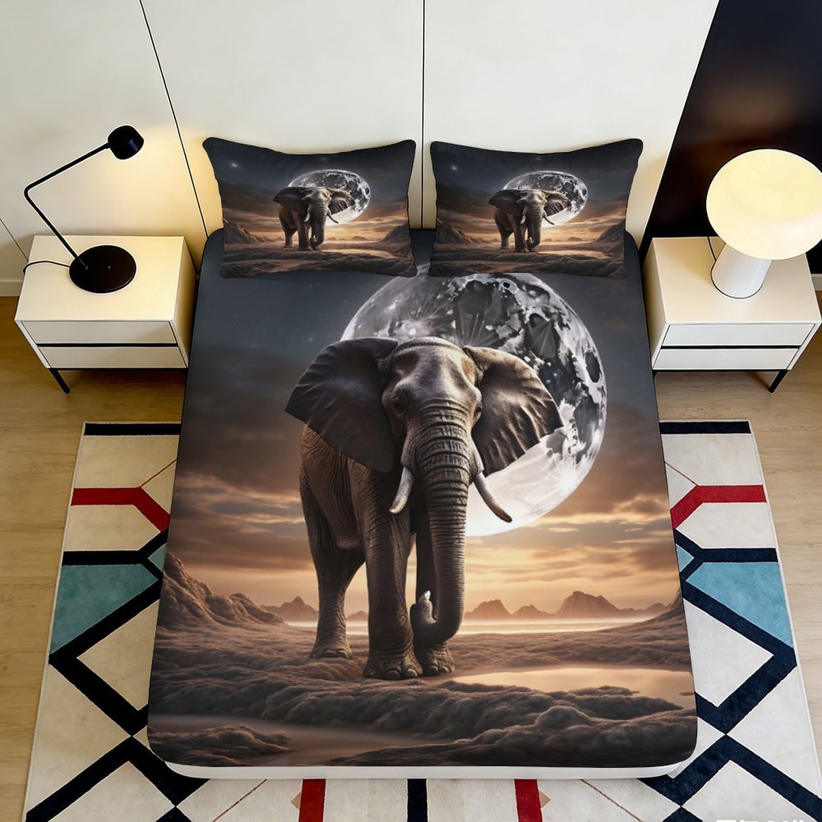 3D Printed Elephant Moon Fitted Sheet Microfiber Soft Decorative Bed Cover for Bedroom Guest Room Dorm Mattress Protection 90x200x25cm