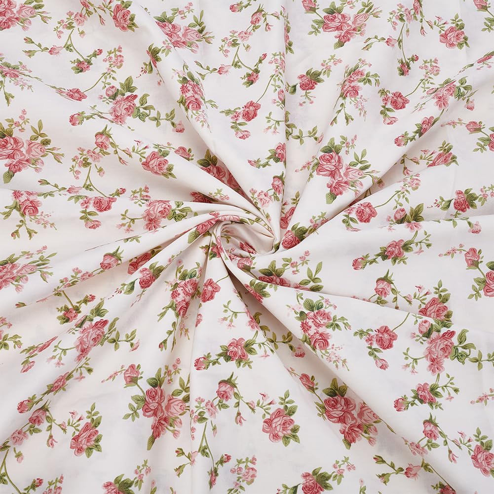 PLIGREAT 1m/1.1 Yard Print Floral Cotton Fabric, 1.6m Wide White Rose Flowers Pattern Precuts Fabric Quilting Accessories for Craft Patchwork Sewing Home Decor