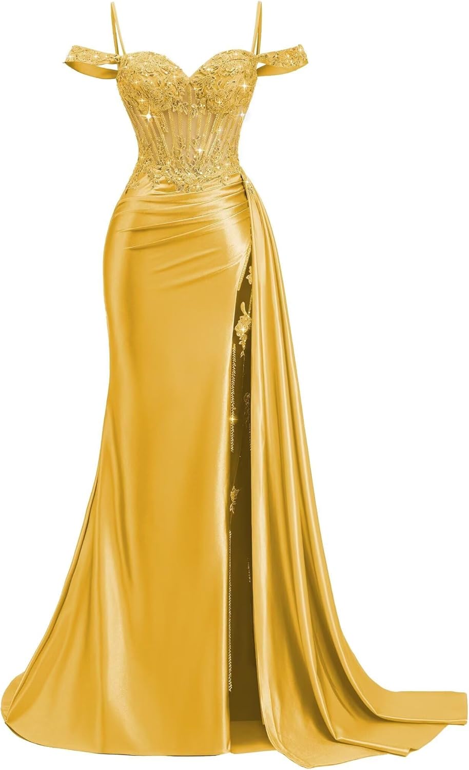 Off Shoulder Satin Prom Dresses with Slit Long Mermaid Sequin Evening Gown Spaghetti Strap Cocktail Dress