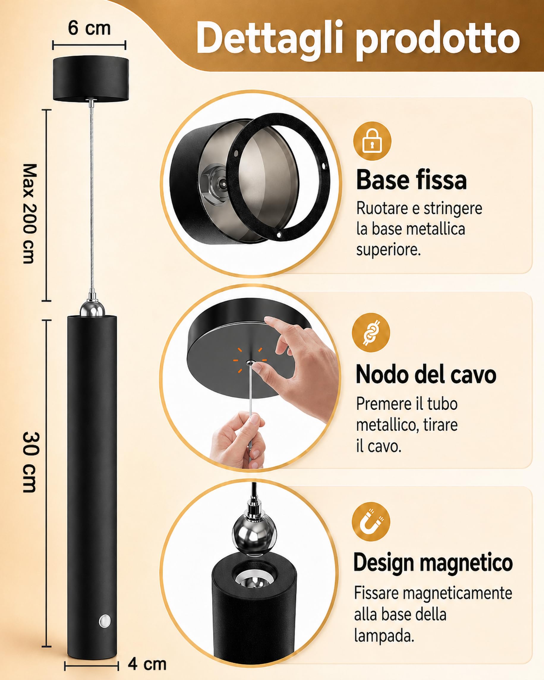 ACMHNC Lampada a Sospensione a Batteria Senza Fili,5W LED Sospensione Ricaricabile USB-C 4500mAh con Telecomando,Dimmerabile 3000K/4000K/6000K, Timer,Lampadario Camera da Letto Cucina, Nero,Ø4x30cm