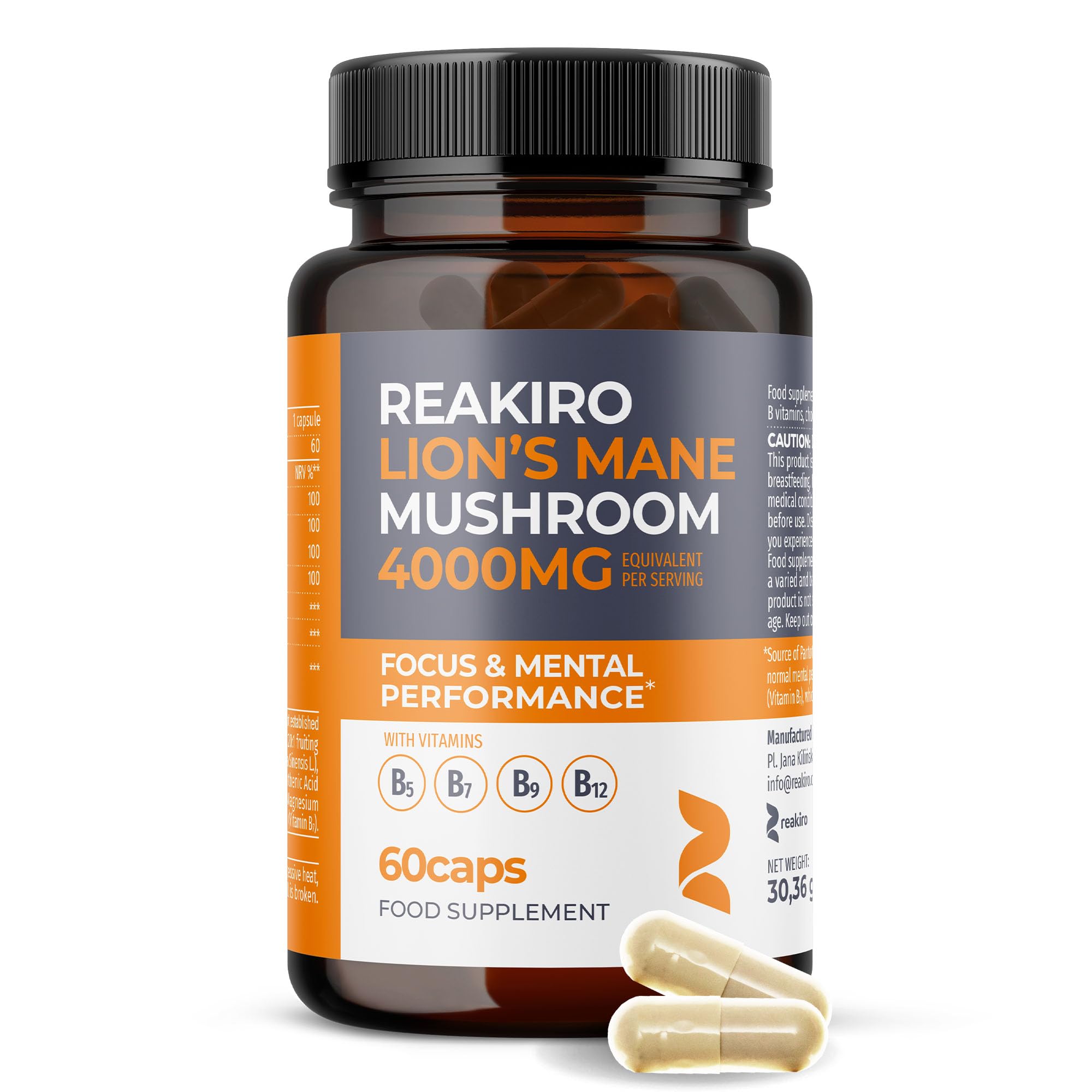 Reakiro Lion's Mane Mushroom Capsules 4000mg, 60pcs