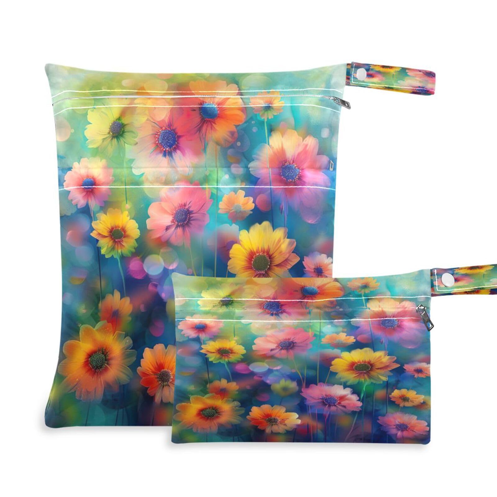 ATTX Colorful Flowers Painting Wet Dry Bags 2-Pack - Reusable Cloth Diaper Storage for Travel, Beach & Gym | Multi-Use Waterproof Bags for Swimsuits, Baby Clothes, Sports Gear#75
