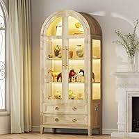 Vlsrka 71" Arched Curio Cabinet Glass Display Case, 4 Shelves 2 Drawers, 3-Color LED Lights, Motion Sensor - Tall Bookcase