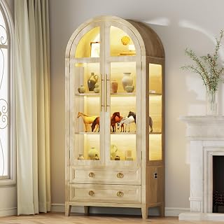 Vlsrka 71" Arched Curio Cabinet Glass Display Case, 4 Shelves 2 Drawers, 3-Color LED Lights, Motion Sensor - Tall Bookcase