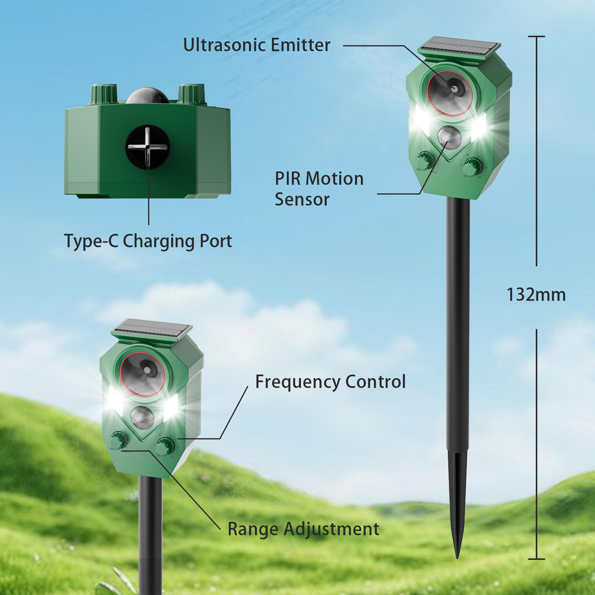 Repellente per animali a ultrasuoni ad energia solare con movimento e luci stroboscopiche a LED, deterrente per gatti all'aperto per scoiattoli, cervi, conigli, puzzole e cani, protegge giardino