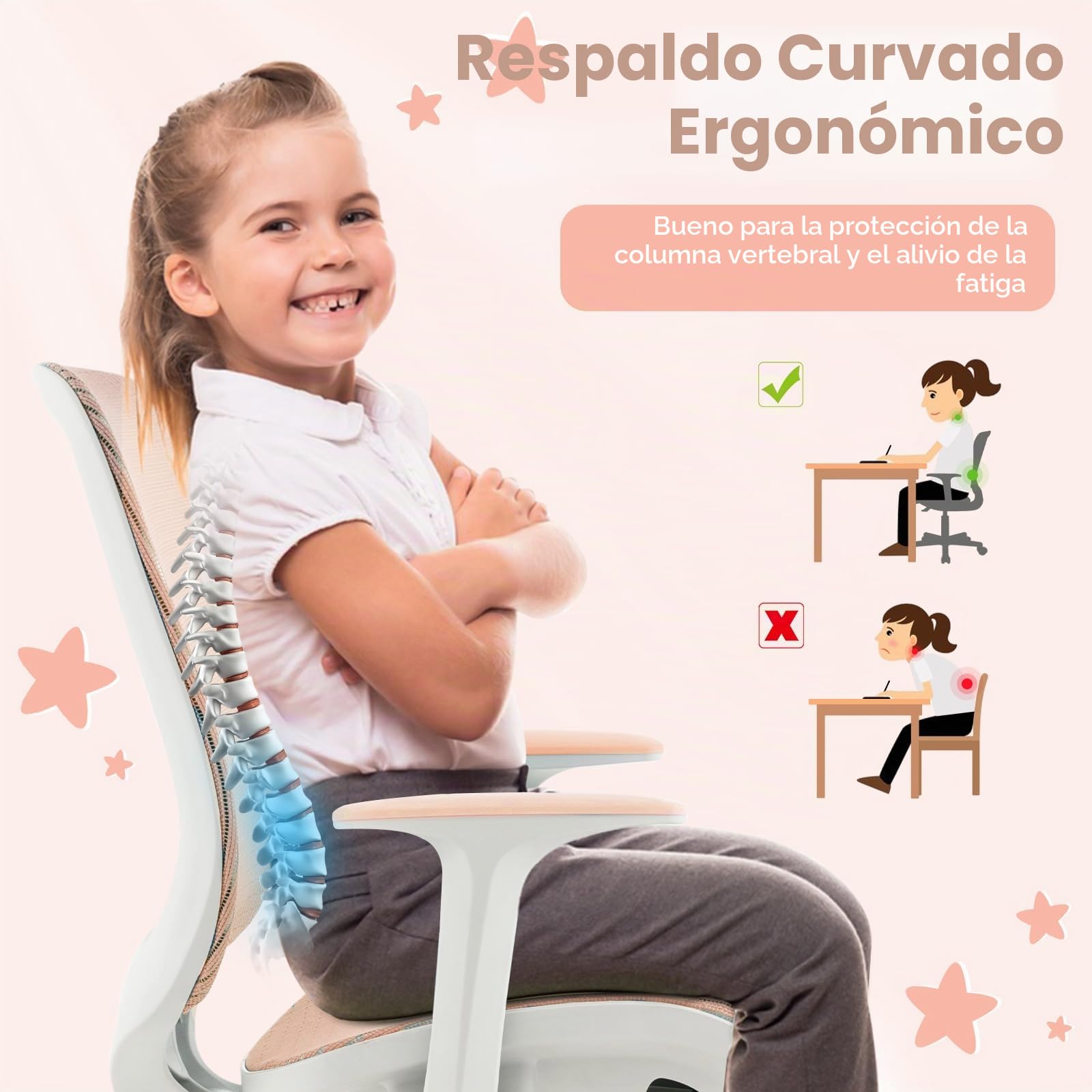FANTASK Silla de Escritorio ergonómica para niños, Altura Regulable 43-55 cm, Silla giratoria de 360 ° con Respaldo y reposabrazos, Silla de Oficina con 5 Ruedas bloqueables, para niños a Partir de 6
