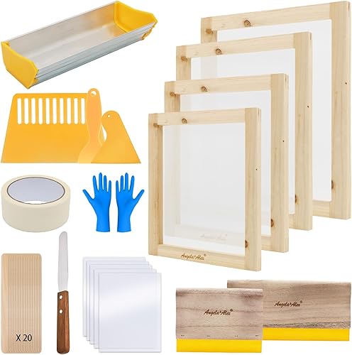 Kit de impresión de pantalla de inicio de 14 x 11 pulgadas, 38 piezas, incluye 4 tamaños de serigrafía, marcos de plantillas de serigrafía, marcos