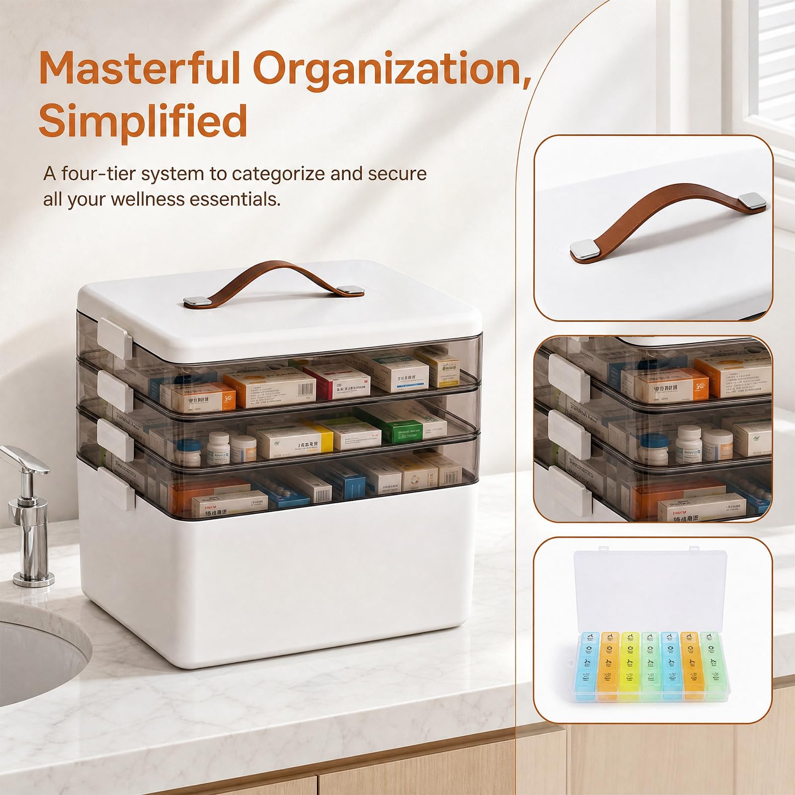 Contenitore per medicinali a 4 piani, grande, 34 x 31 x 22 cm, con maniglia per il trasporto, organizer per medicinali con vassoio rimovibile, scatola vuota in plastica di primo soccorso per casa