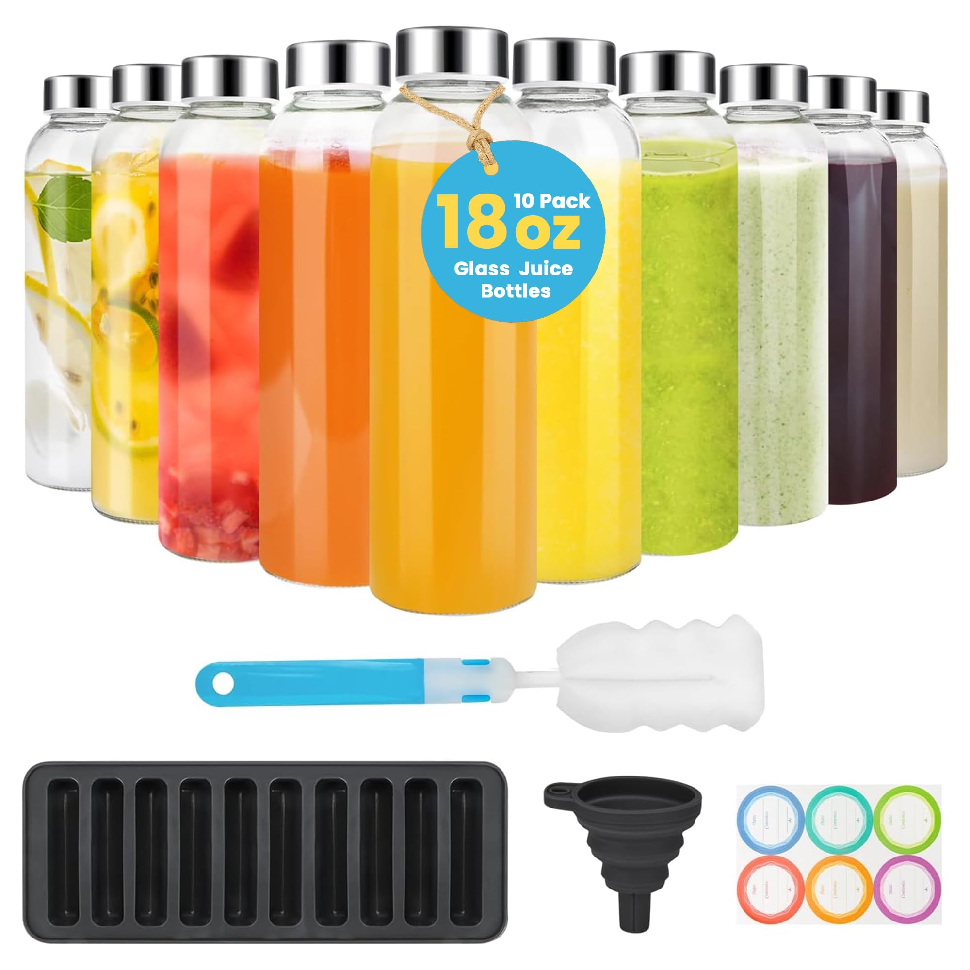 PROBTTL 18 oz Glass Juice Bottles with Lids – Refillable Clear Glass Water Bottles with Stainless Steel Airtight Caps, Dishwasher Safe, Reusable