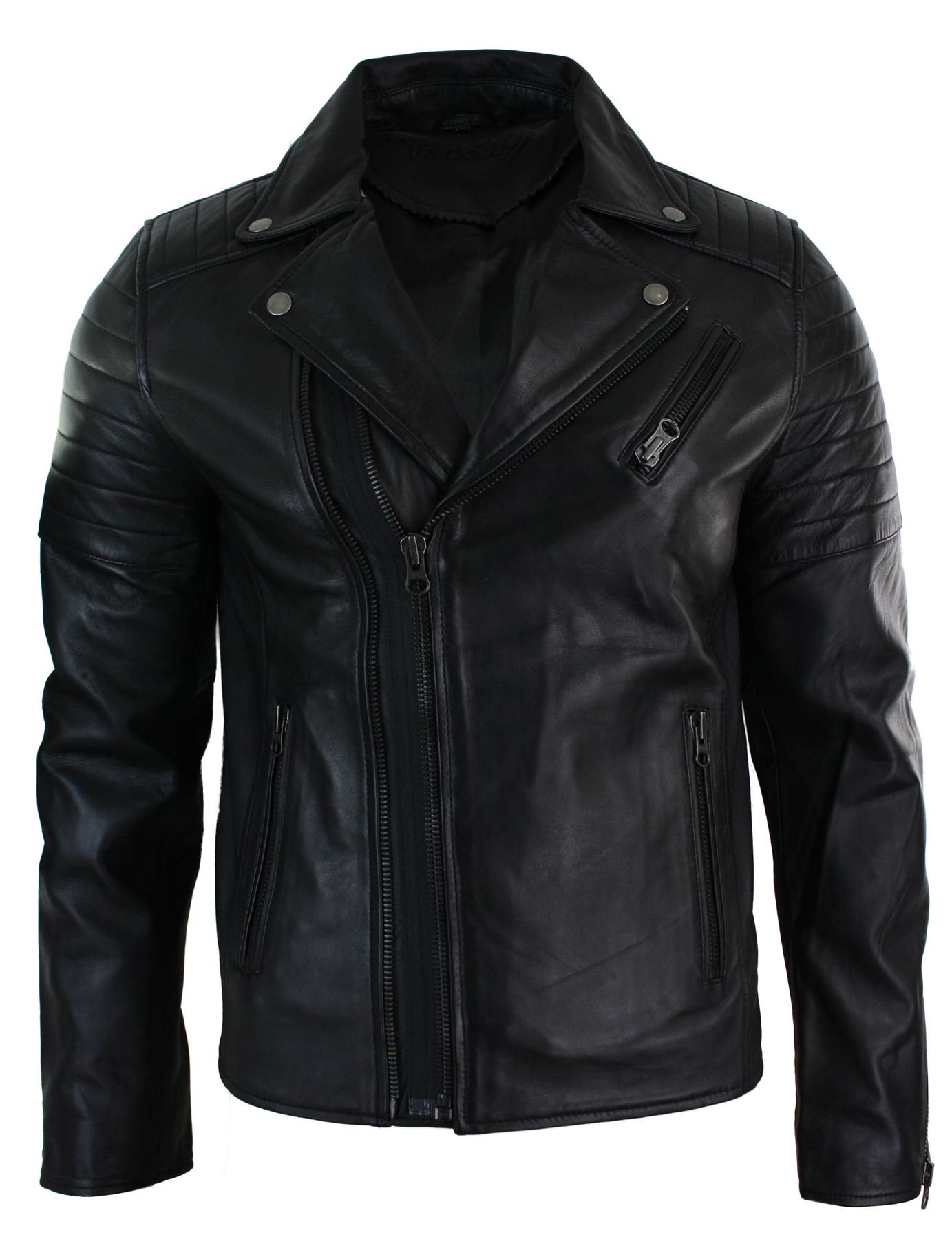 Infinity Leather Men's Black Leather Company Cross Zip Brando Leather Biker Jacket - 3XL