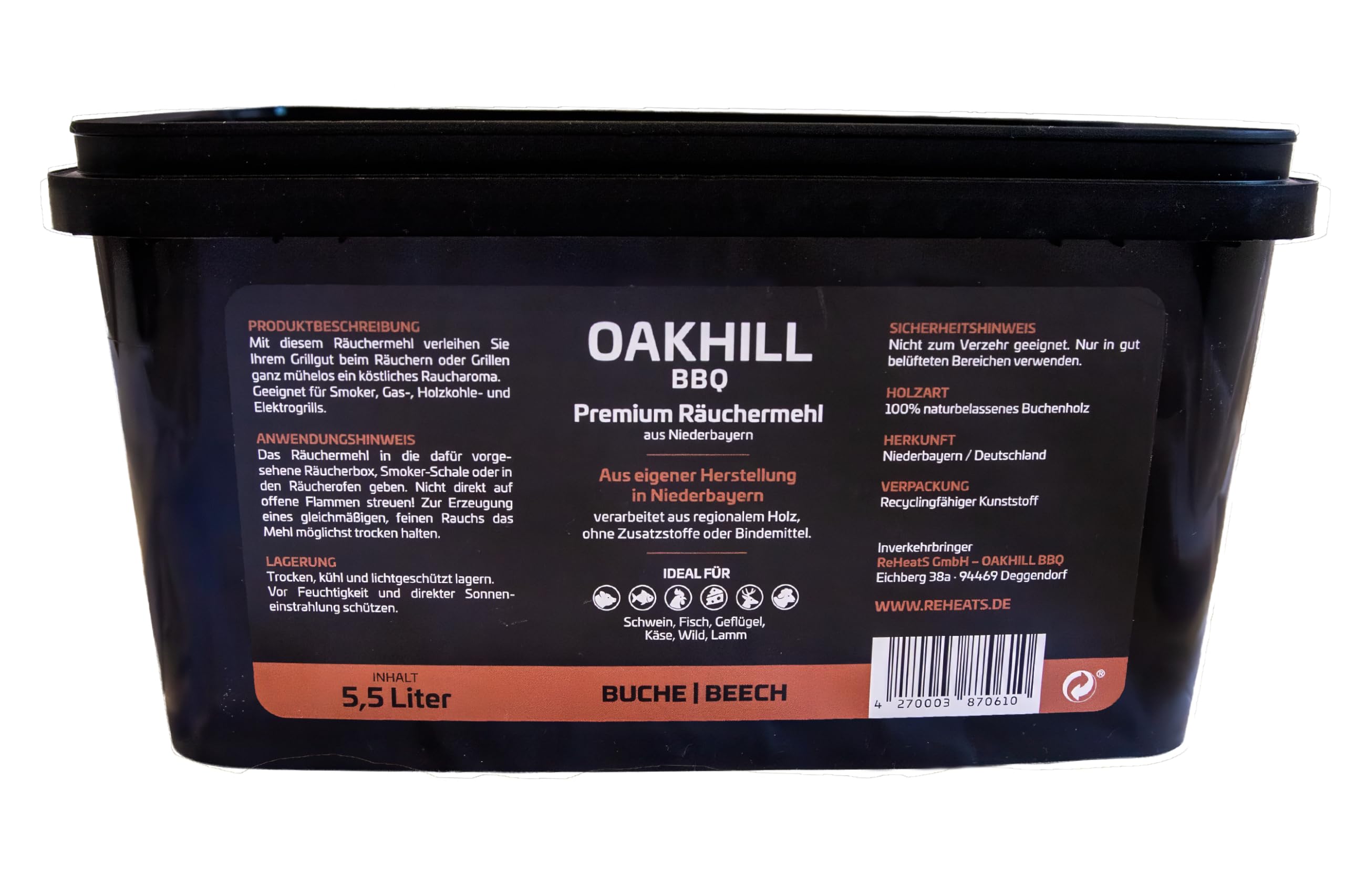 OAKHILL BBQ Räuchermehl Buche, im praktischen wiederverschliessbaren 5,5 Liter Eimer. Zum Heiß- und Kalträuchern, Smoken, von Fleisch, Fisch, Geflügel, Wild, Käse und Gemüse.