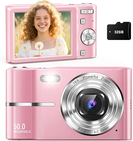 Digital Camera, Cameras for Kids, UHD 4K Point and Shoot Digital Cameras with 32GB Card, 16X Zoom, Anti-Shake, Date Stamp, Compact Small Cameras for Photography, for Boys Girls Teens Beginners