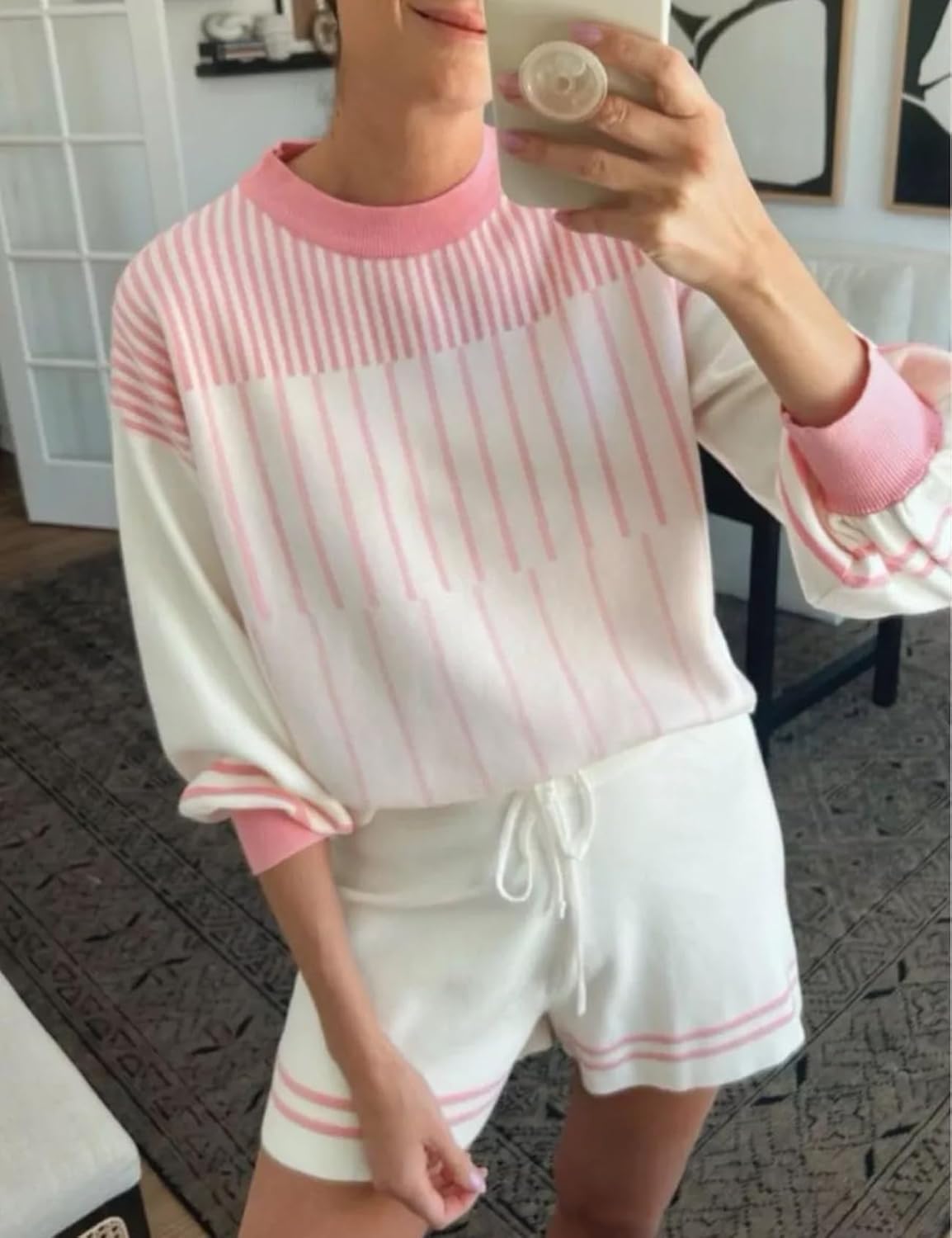 Gihuo Women' s Striped 2 Piece Outfits Crewneck Knit Pullover Sweater Shorts Set Wide Leg Matching Set Loungewear - Image 2