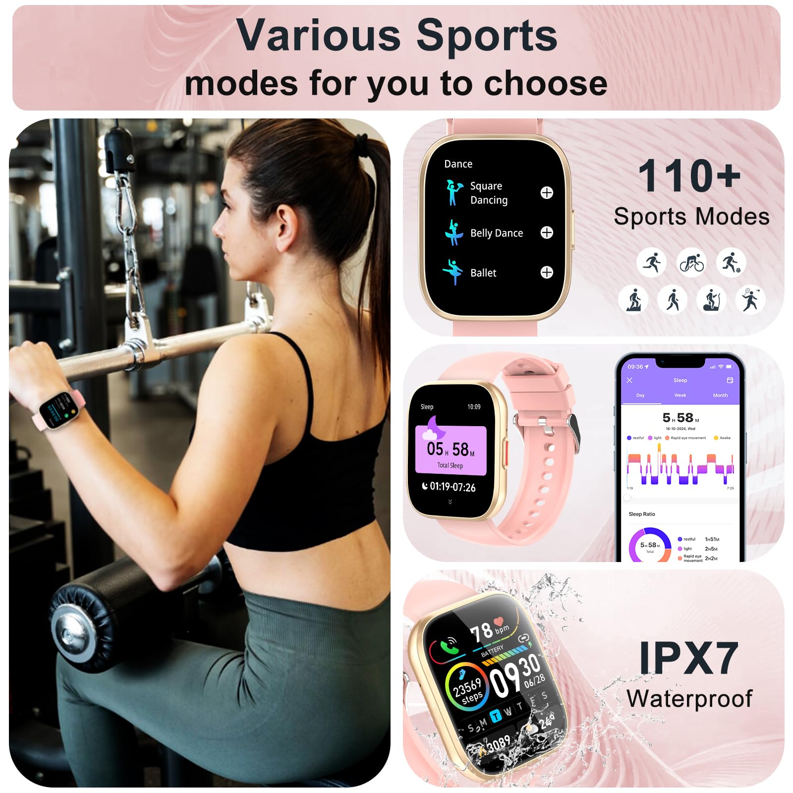 VKROBAG Smartwatch Uomo donna Rispondi/Effettua Chiamate, 1.85 Schermo Smartwatch Orologio Uomo, 112 sportivo, IP67 Impermeabile Sportivo Watch con cardiofrequenzimetro/sonno, Fitness Watch Rosa