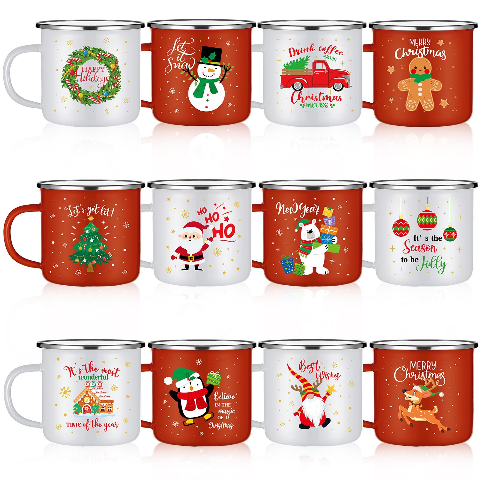 Mifoci 12 Pcs Christmas Coffee Mug 12oz Stackable Enamel Coffee Cups Galvanized Steel Santa Xmas Tree Snowman Holiday Chocolate Cocoa Cups Winter Kitchen Decorations Xmas Cups Gift(Stylish)