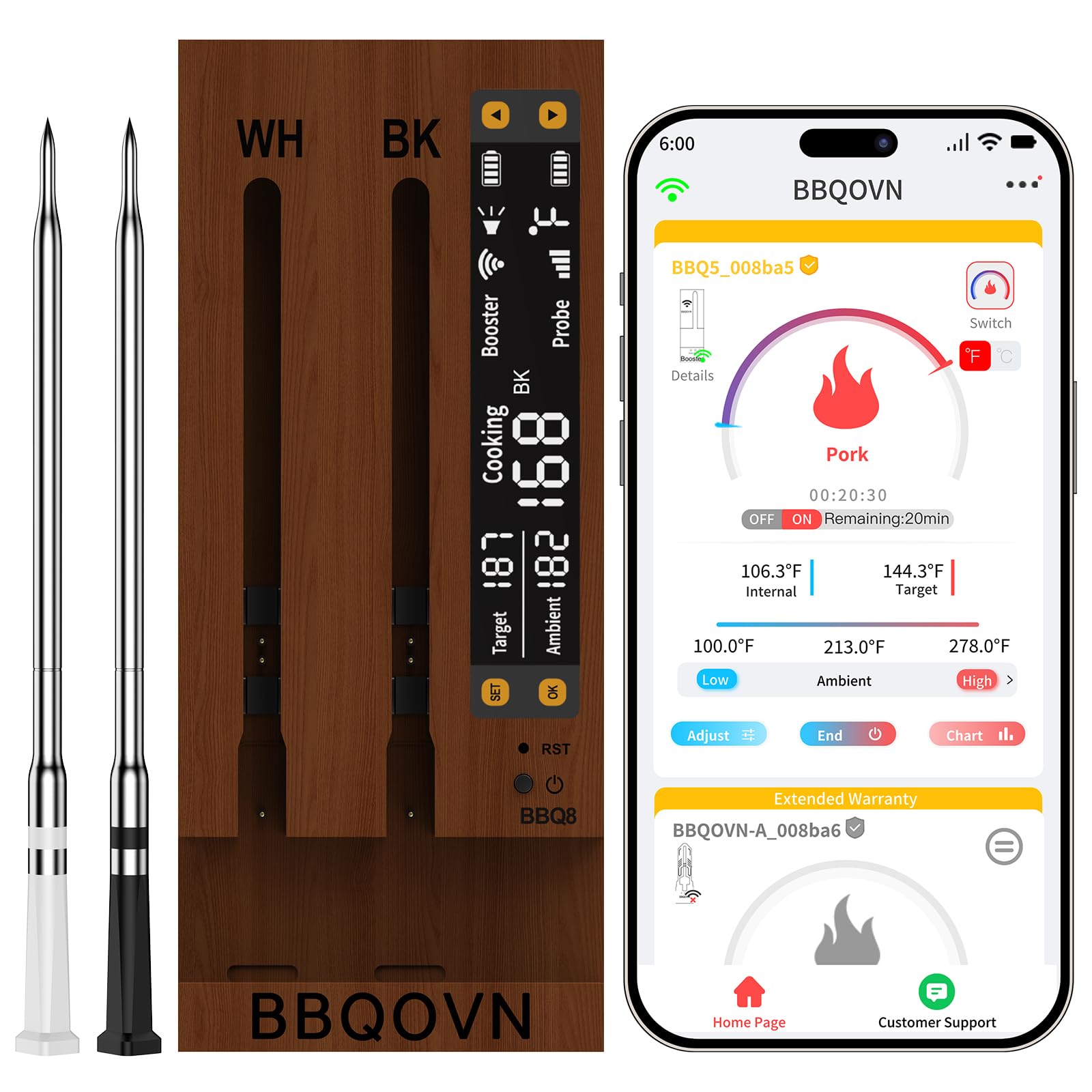 (Luxury Walnut Wood) WiFi Sub-1G Wireless Meat Thermometer Unlimited Range 7 NIST Certified Sensors with Ambient Temp 2 Temp Monitoring Ways Digital Smart Base and App for Smoker, Grill, Oven