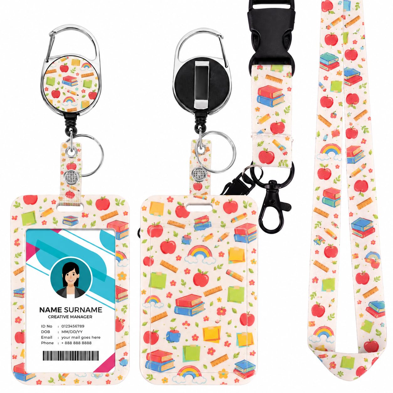 Lanyard with Card Holder, Durable Comfortable Lanyards & ID Card Holder, Waterproof ID Badge Holder for Women – Ideal for Office Work, School, Travel, Events, Nurses, Teachers (Stationery Rainbow)