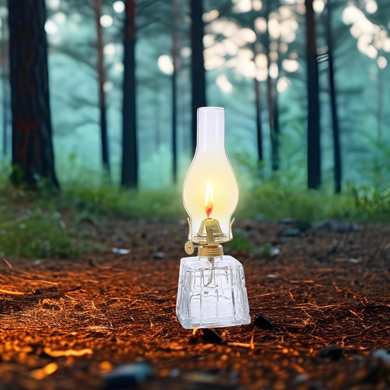 SAFIGLE Vintage Small Square Kerosene Lantern Oil Lamp with Glass Chimney, Hand-Painted Retro Decorative Hurricane Lamp for Indoor and Outdoor Emergency Lighting