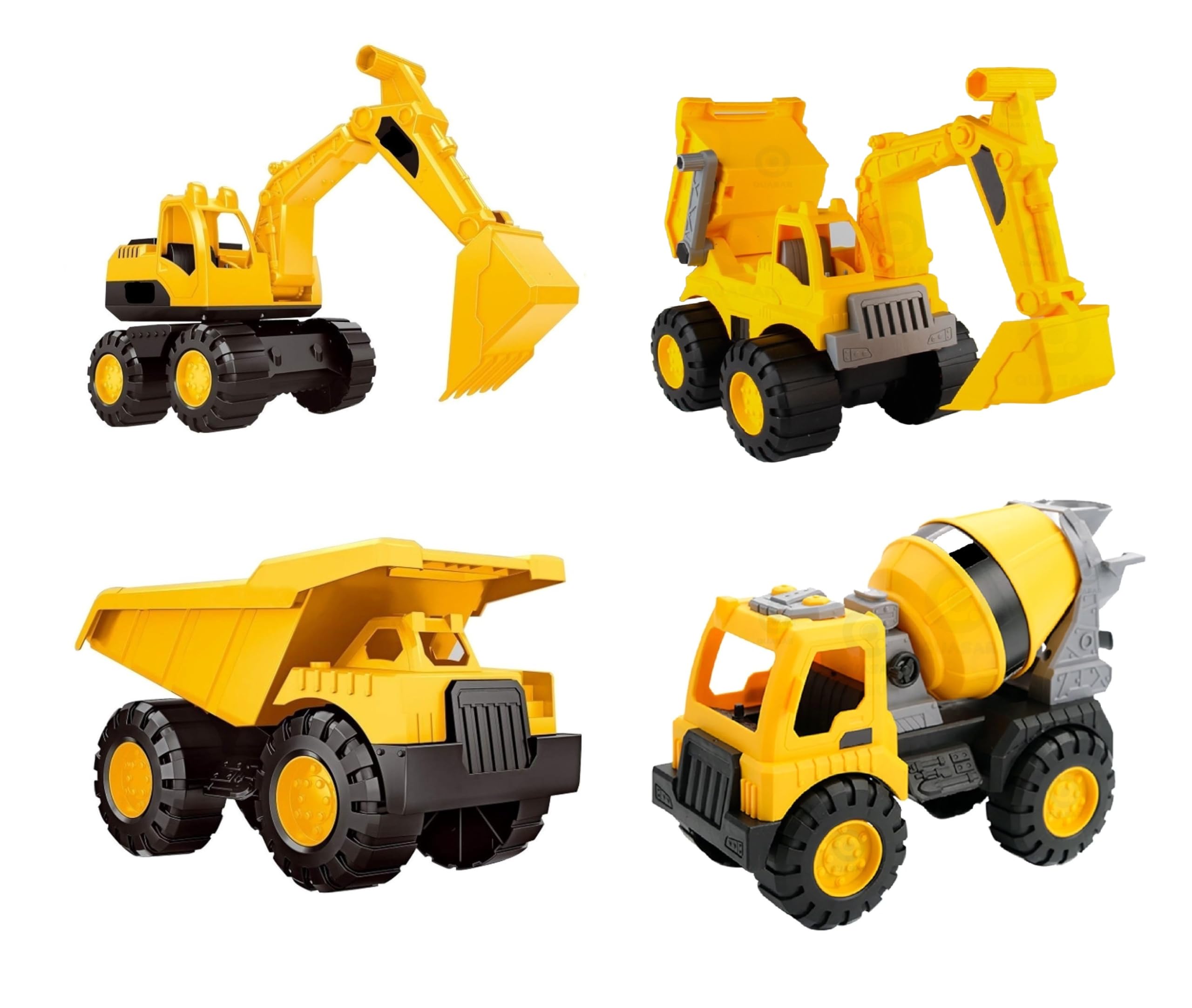 Quasar 4 in 1 Combo Super Builder Dumper Cement Mixture Excavator Dig Dump Truck Toy Friction Powered Pull Back Push and Go Vehicle Toys Truck Set +3 Year Best Gift for Girls Boys