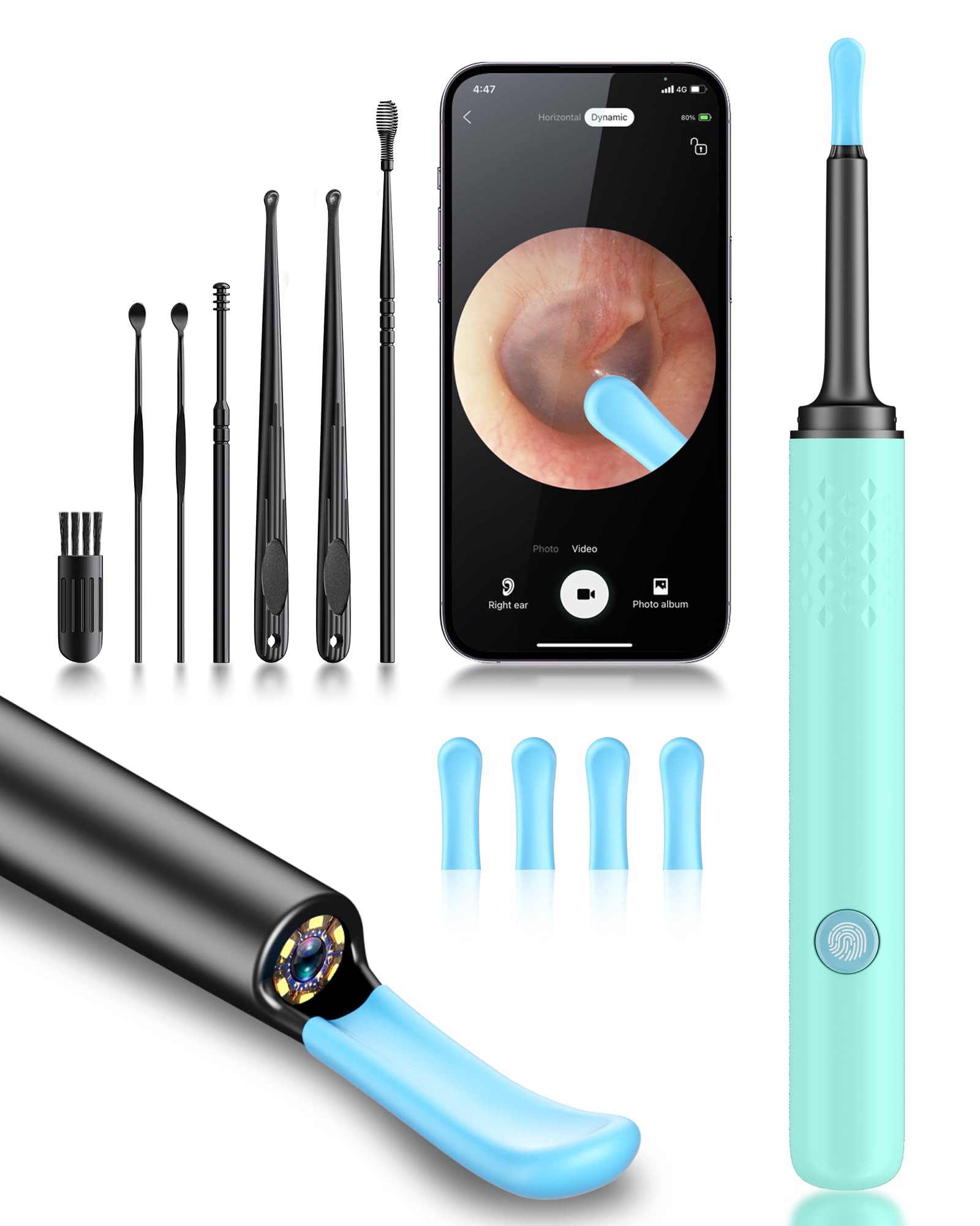 Ear Wax Removal Tool Camera - Ear Cleaner with Camera, Hassle Instant Removes Ear Wax,1080P HD Camera Lens & 7 Pcs Ear Set - Ear Cleaning Kit with 4 Ear Pick(Green)