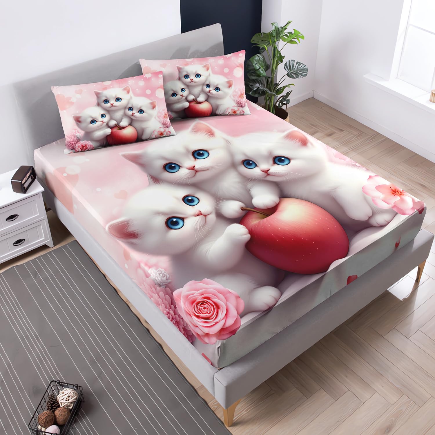 Cute White Cat Twin Size Fitted Sheet Set,Apple Flowers Pattern Bedding Sets for Girls Kids Room Decor,1 Fitted Sheet+2 Pillowcases.
