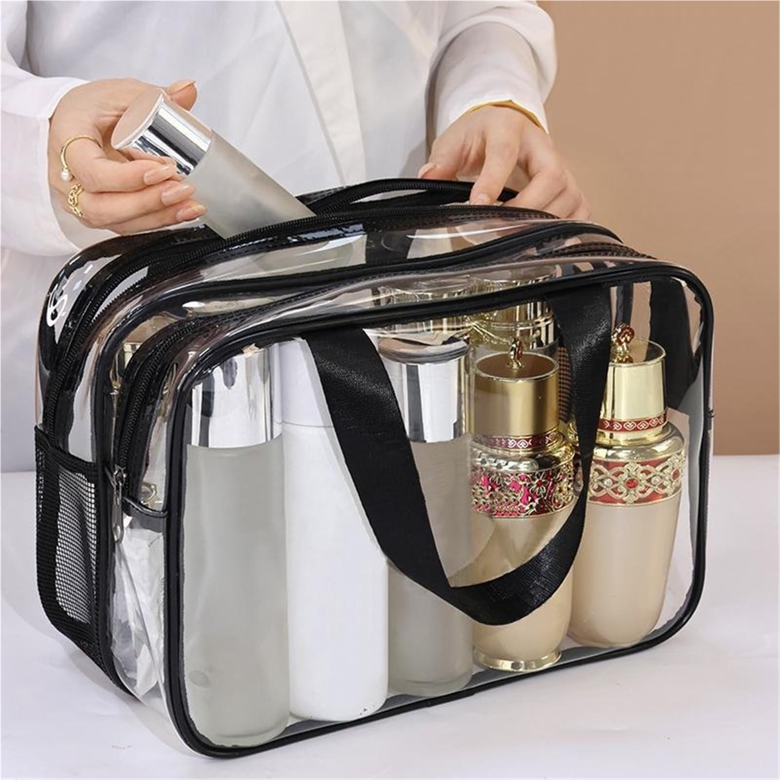 Borsa da toilette trasparente for donne e uomini, grande borsa da viaggio portatile for il trucco, borse cosmetiche 2 strati beauty case(Clear)