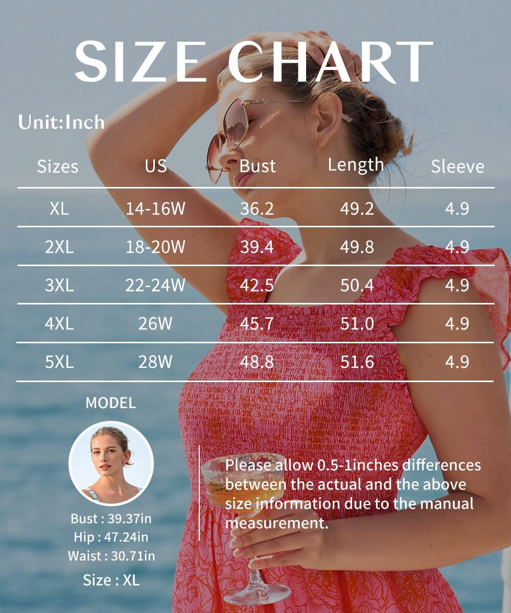 RITERA Plus Size Dress Women Summer Sleeveless Square Neck Smocked Ruffle Strap Midi Beach Sundress with Pocket XL-5XL
